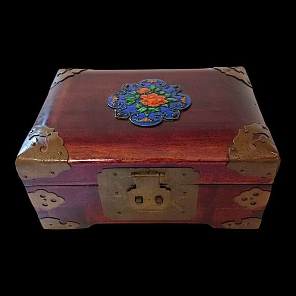Vintage Cloisonne Wooden Jewelry Box Asian Brass Floral Rosewood Silk Lined - Picture 16 of 16